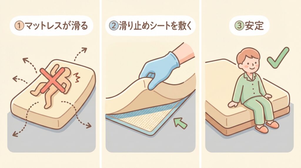 滑り止めを敷くことでマットレスが安定する図