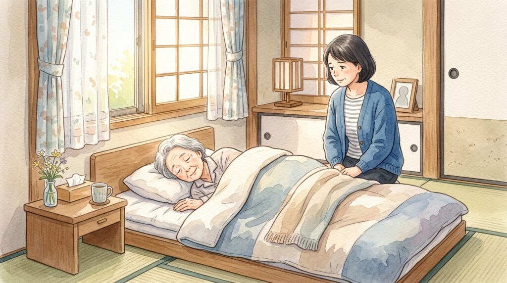 寝てばかりの高齢者を心配そうに見つめる家族