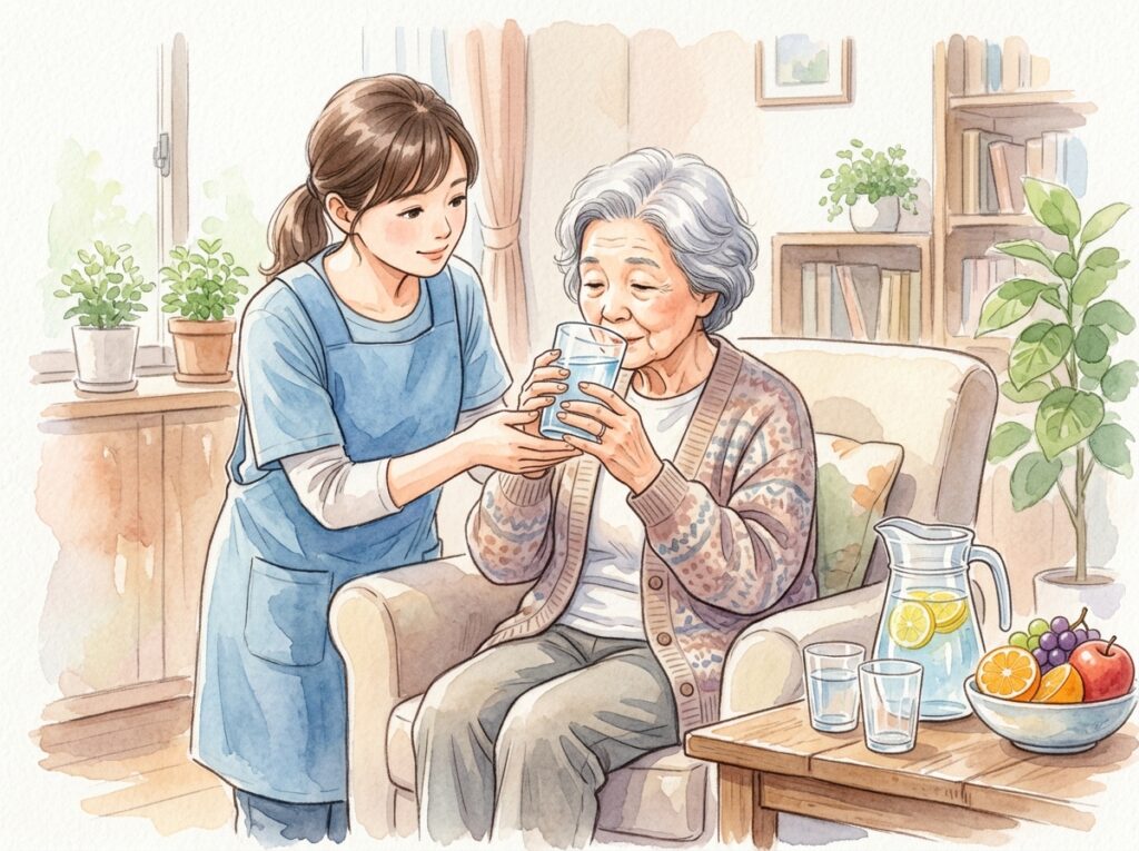 高齢者に家族がお水を飲ませるイラスト