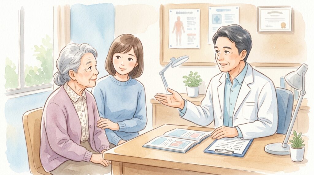 家族と一緒に医者に相談する様子