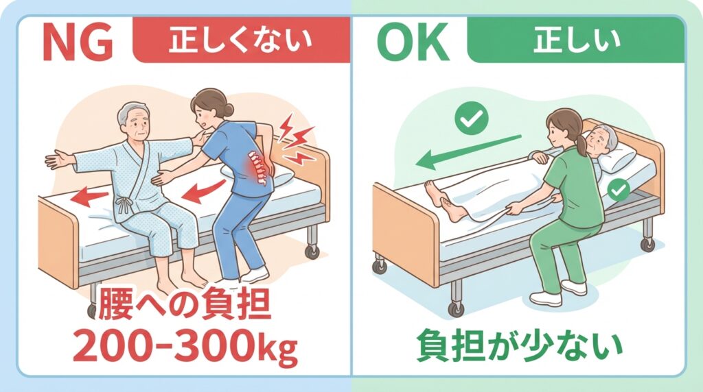 ベッド上での引き上げ方法のNGとOKのイラスト