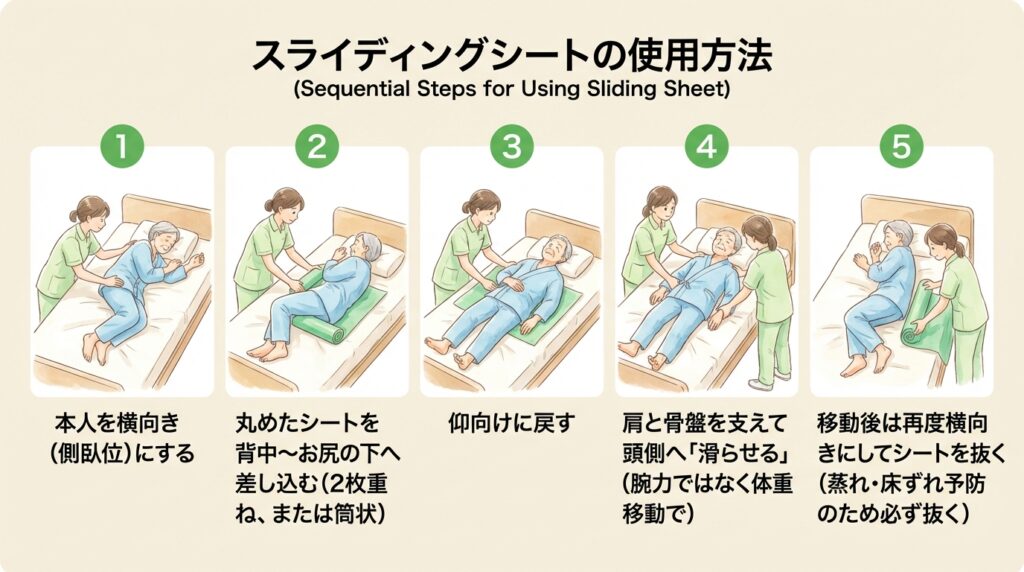ベッド上でスライディングシートの使い方のイラスト