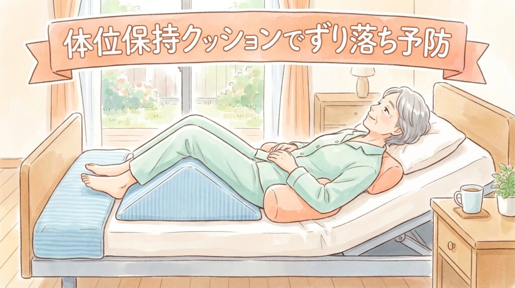 ベッド上でずり落ちないためのクッションを使ったポジショニングのイラスト