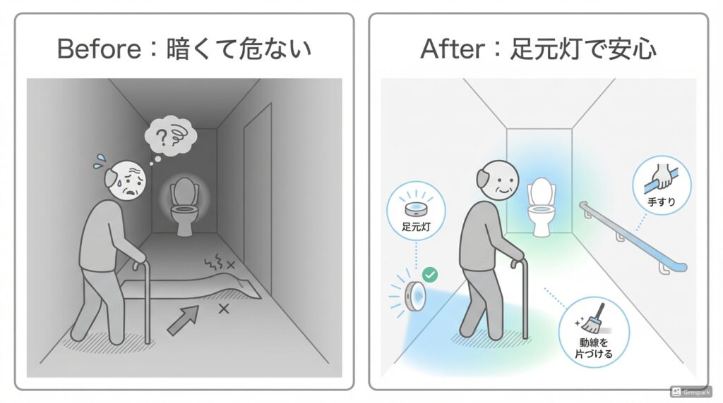 夜間のトイレの環境調整は手すりと足元灯