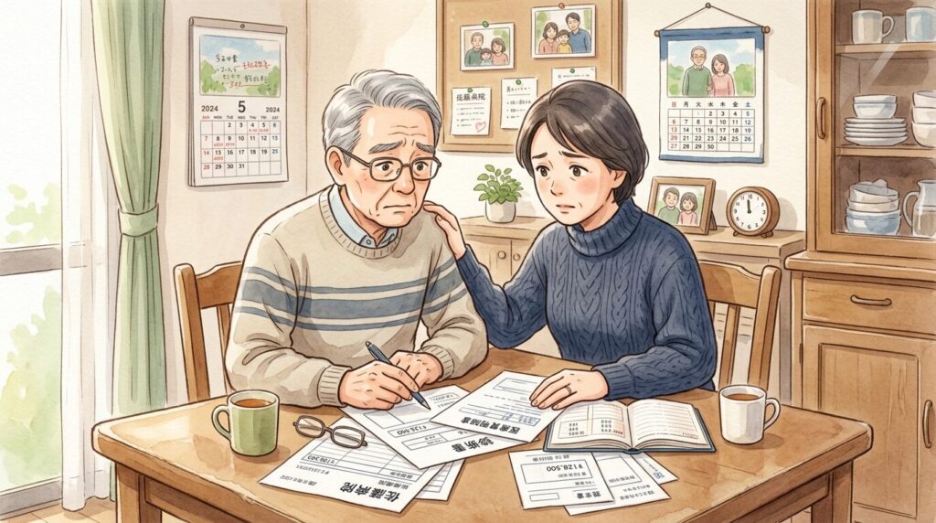 医療費が高く生活が不安になっている家族のイラスト