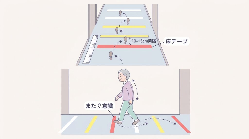 床テープの貼り方を示す図解:10-15cm間隔で横向きに貼り、またぐ意識で歩く方法を上面図と側面図で説明