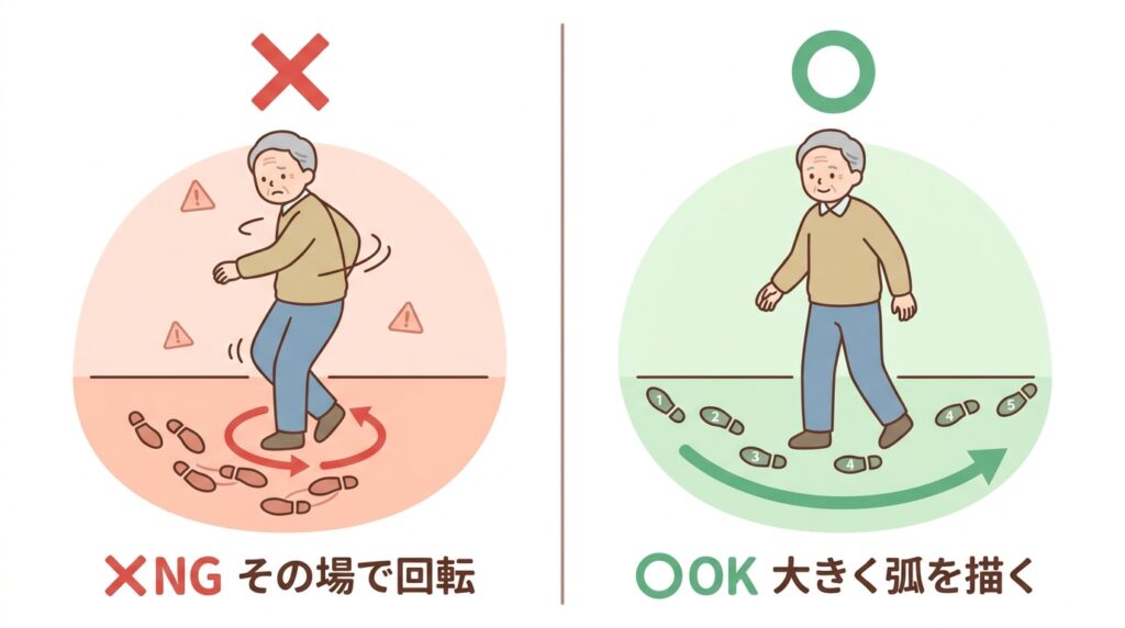 方向転換の正しい方法と間違った方法の比較図:その場で回転(NG)と大きく弧を描いて回る(OK)の違いを足跡で図解