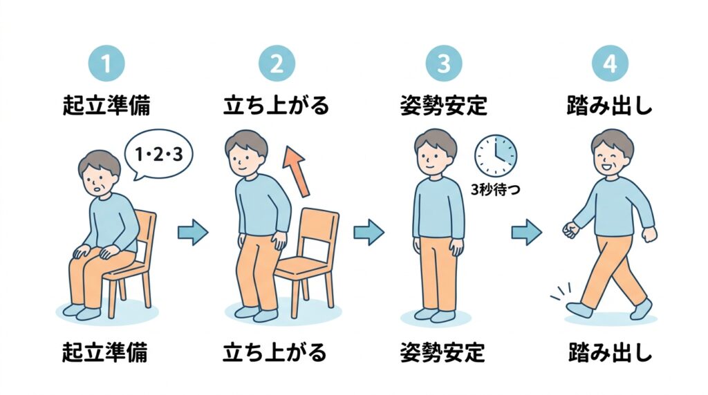立ち上がりから歩き始めまでの4ステップ:1・2・3のカウント、立ち上がり、3秒待つ、第一歩を踏み出す手順を図解