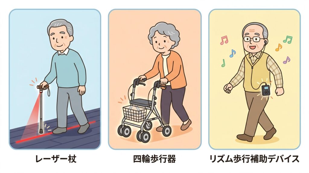 すくみ足対策の福祉用具3種:レーザー杖(床にライン照射)、四輪歩行器(ブレーキ・座面付き)、リズム歩行補助デバイス(音でリズム提供)の使用例
