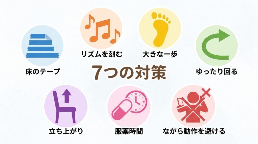 すくみ足対策7つの方法を示すインフォグラフィック:床テープ、リズム歩行、大また意識、方向転換の工夫、立ち上がりの工夫、服薬管理、二重課題回避をアイコンで図解