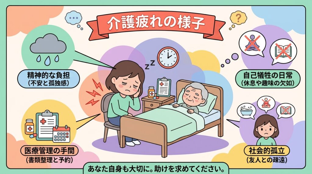 難病介護で疲れ果てた介護者がベッドサイドで頭を抱えている様子を示すインフォグラフィック