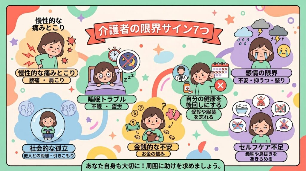 介護者の限界サイン7つのチェックリスト:腰痛・不眠・感情の爆発・社会的孤立・経済的破綻・虐待衝動・受診回避を示すインフォグラフィック