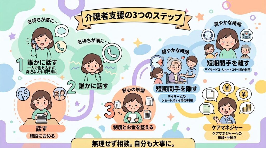 限界を感じた時の3つのステップを示すインフォグラフィック:誰かに話す、短期間手を離す、制度とお金を整える