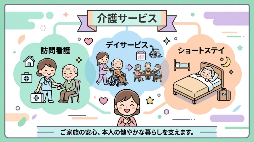 難病介護で利用できる主な介護サービスを示すインフォグラフィック:訪問看護、デイサービス、ショートステイなど