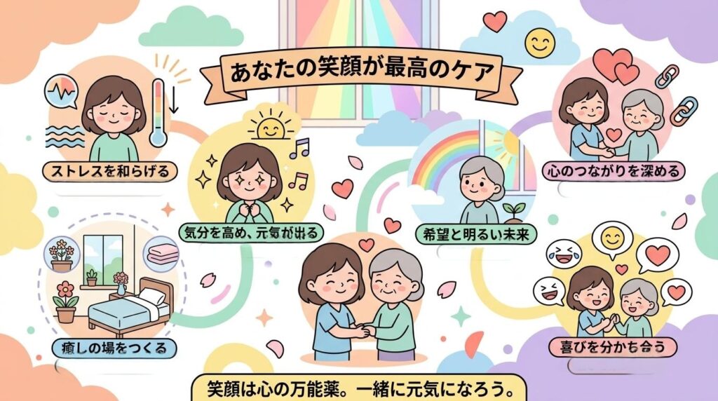 介護者が笑顔を取り戻し患者と穏やかに過ごす様子を示すインフォグラフィック:あなたの笑顔が最高のケアというメッセージ