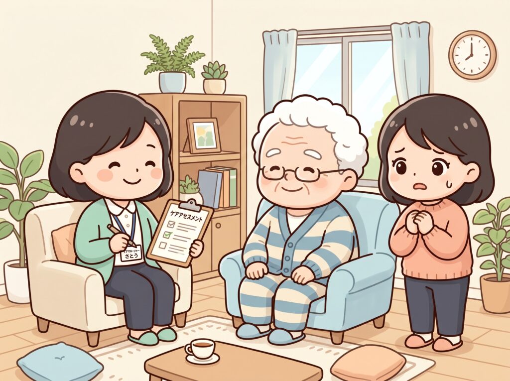 要介護認定調査の様子を表すイラスト。調査員が高齢者と面談し、心配そうな家族が見守っている