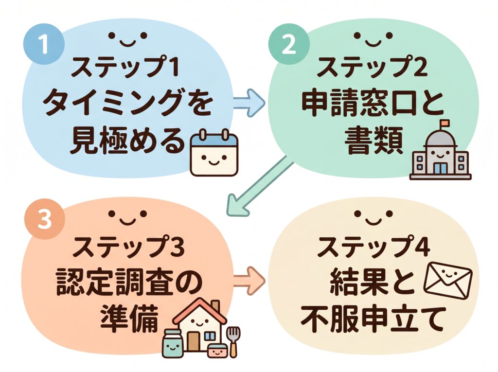 区分変更申請の4ステップを示すフロー図。タイミング見極め、申請窓口と書類、認定調査の準備、結果と不服申立ての流れ
