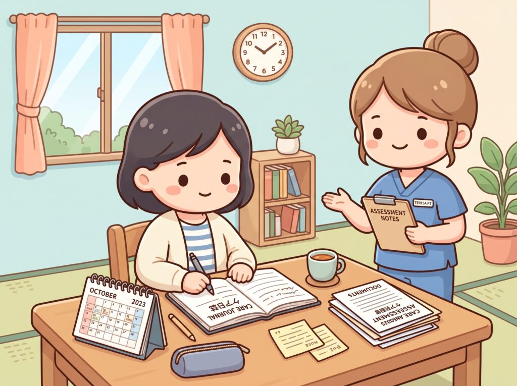 介護日誌を書く家族と理学療法士が相談している様子のイラスト。認定調査の準備をしている場面