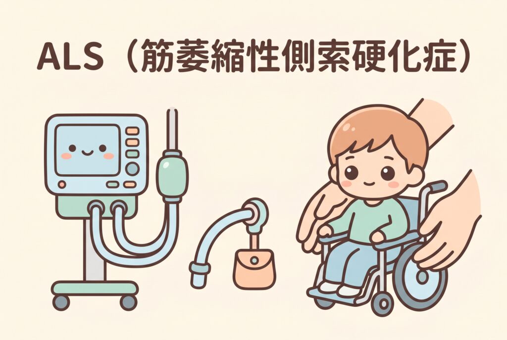 ALS(筋萎縮性側索硬化症)の介護をイメージしたイラスト。呼吸器や胃ろうなどの医療機器と車椅子の患者をサポートする様子