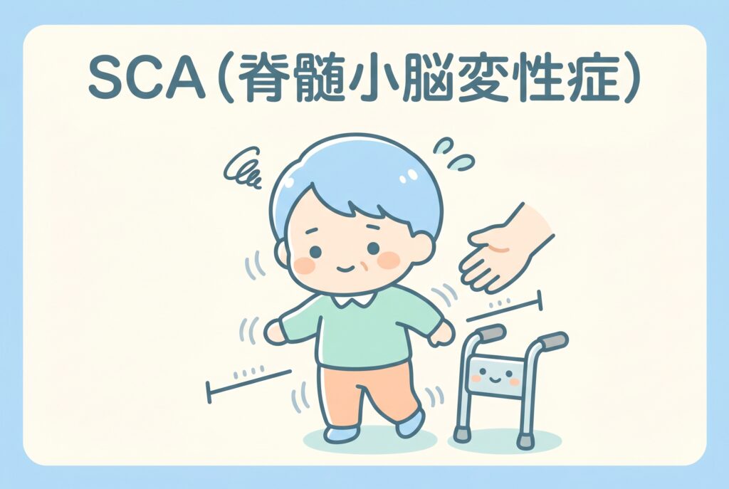SCA(脊髄小脳変性症)の症状を表すイラスト。ふらつきや転倒リスク、サポートの必要性を示している