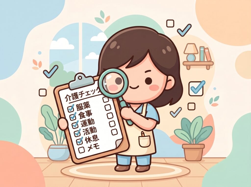 介護チェックリストを確認する人のイラスト。服薬、食事、運動などの項目をチェックしている様子