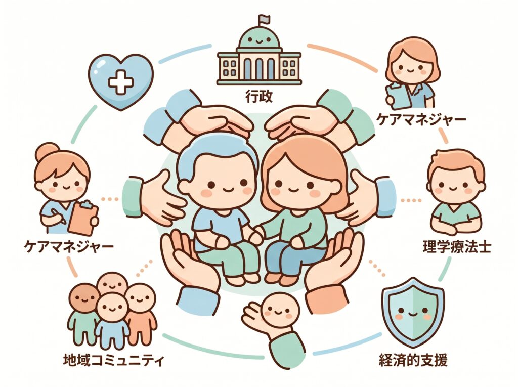 難病介護を支える包括的なサポート体制のイラスト。行政、ケアマネジャー、理学療法士、地域コミュニティ、経済的支援など多様な支援の輪