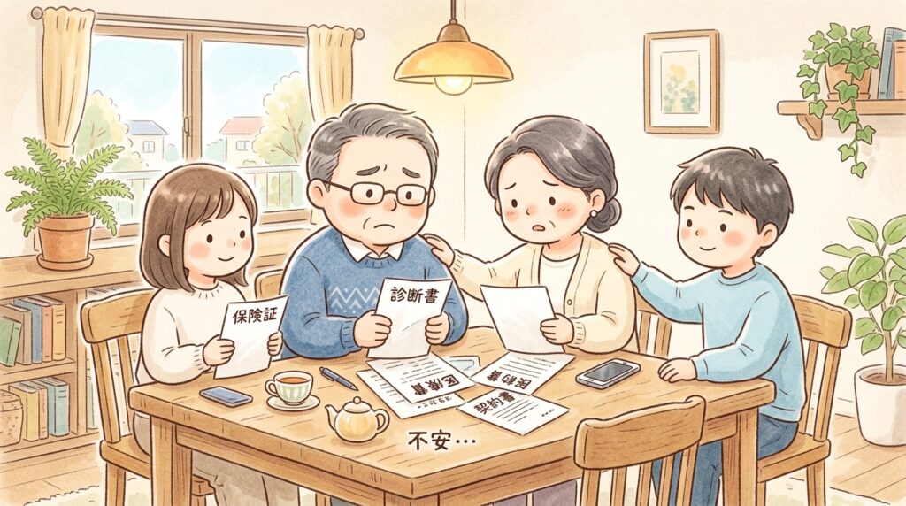 40〜64歳の中年男性が医療書類や保険証を見て不安そうにしている様子。家族がテーブルを囲んで心配そうに寄り添い、介護保険申請について相談している温かいイラスト