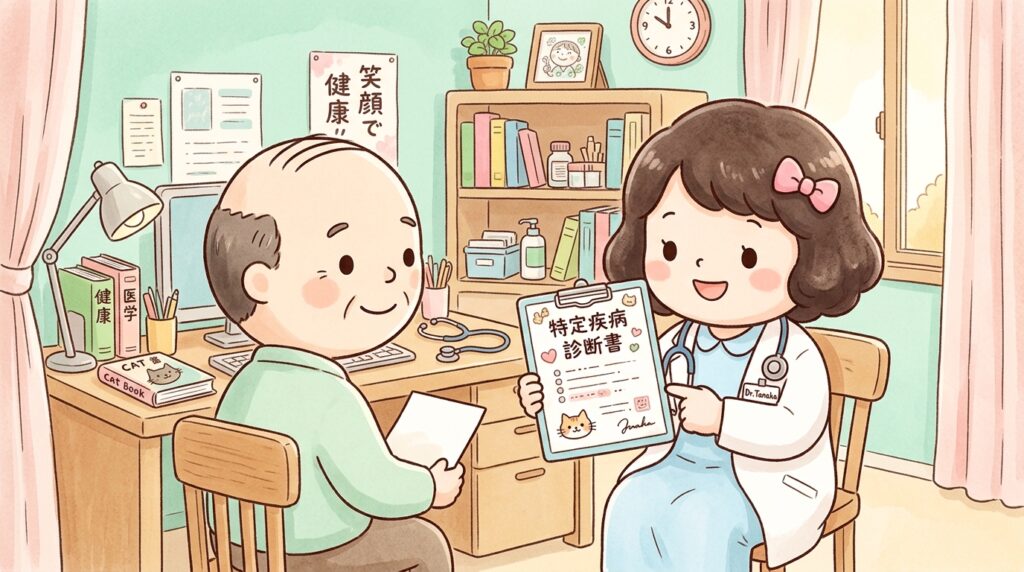 診察室で医師が中年患者に特定疾病の診断書について説明している様子。医師がカルテを持ち、患者が真剣に聞いている柔らかいタッチのイラスト