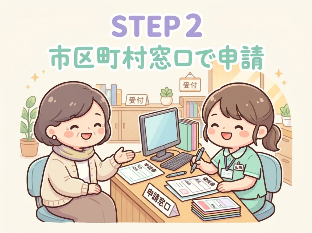STEP2:市区町村窓口で申請。役所の窓口で職員が中年の方の介護保険申請手続きを親切にサポートしている様子を示すイラスト