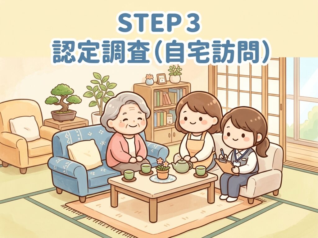 STEP3:認定調査(自宅訪問)。調査員が自宅を訪問し、中年の方と家族に介護認定のための調査をしている温かい雰囲気のイラスト