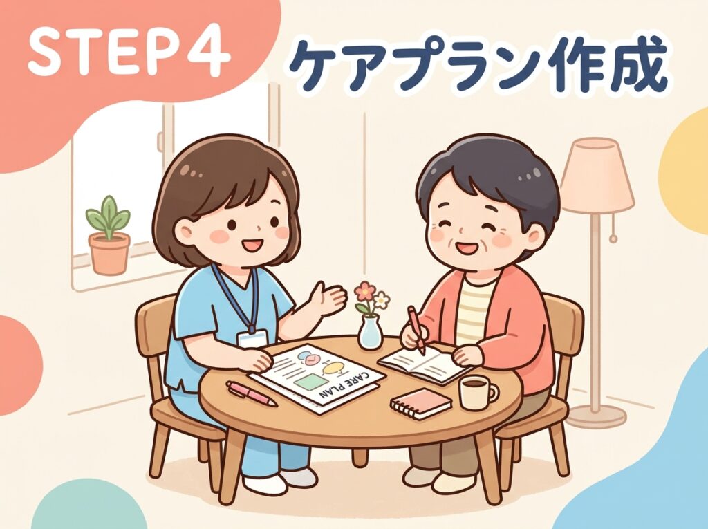 STEP4:ケアプラン作成。ケアマネジャーと利用者がテーブルで一緒にケアプランの書類を確認し、笑顔で相談している協力的な場面のイラスト