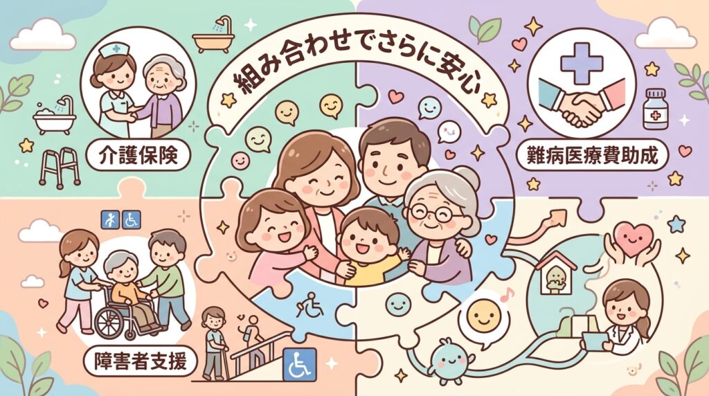介護保険、難病医療費助成、障害者支援など複数の制度を組み合わせることでさらに安心できることを示した、パズルピースが組み合わさるような分かりやすい図解イラスト