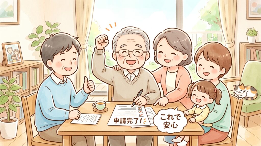 介護保険申請完了後の安心した家族。中年の方と家族が笑顔でチェックリストを完了し、これで安心と喜んでいる前向きで温かい場面のイラスト