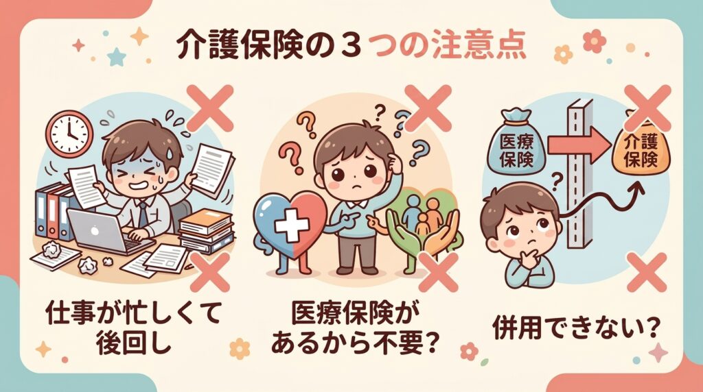 介護保険の3つの注意点。よくある失敗例として「仕事が忙しくて後回し」「医療保険があるから不要?」「併用できない?」の3つの誤解を×マークで示した注意喚起イラスト
